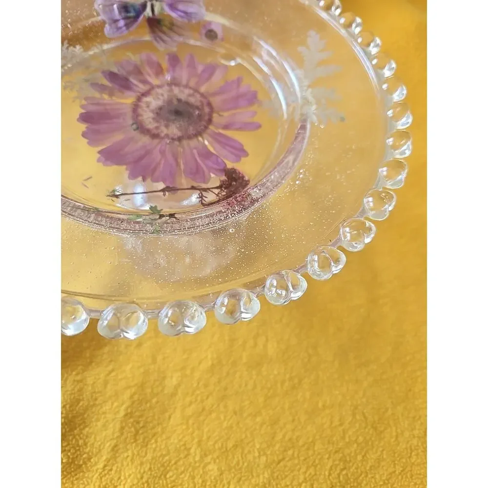 Cupcake Pedestal Stand, Expoxy Resin, Handmade Adorned W/ Dried Wild Flowers
